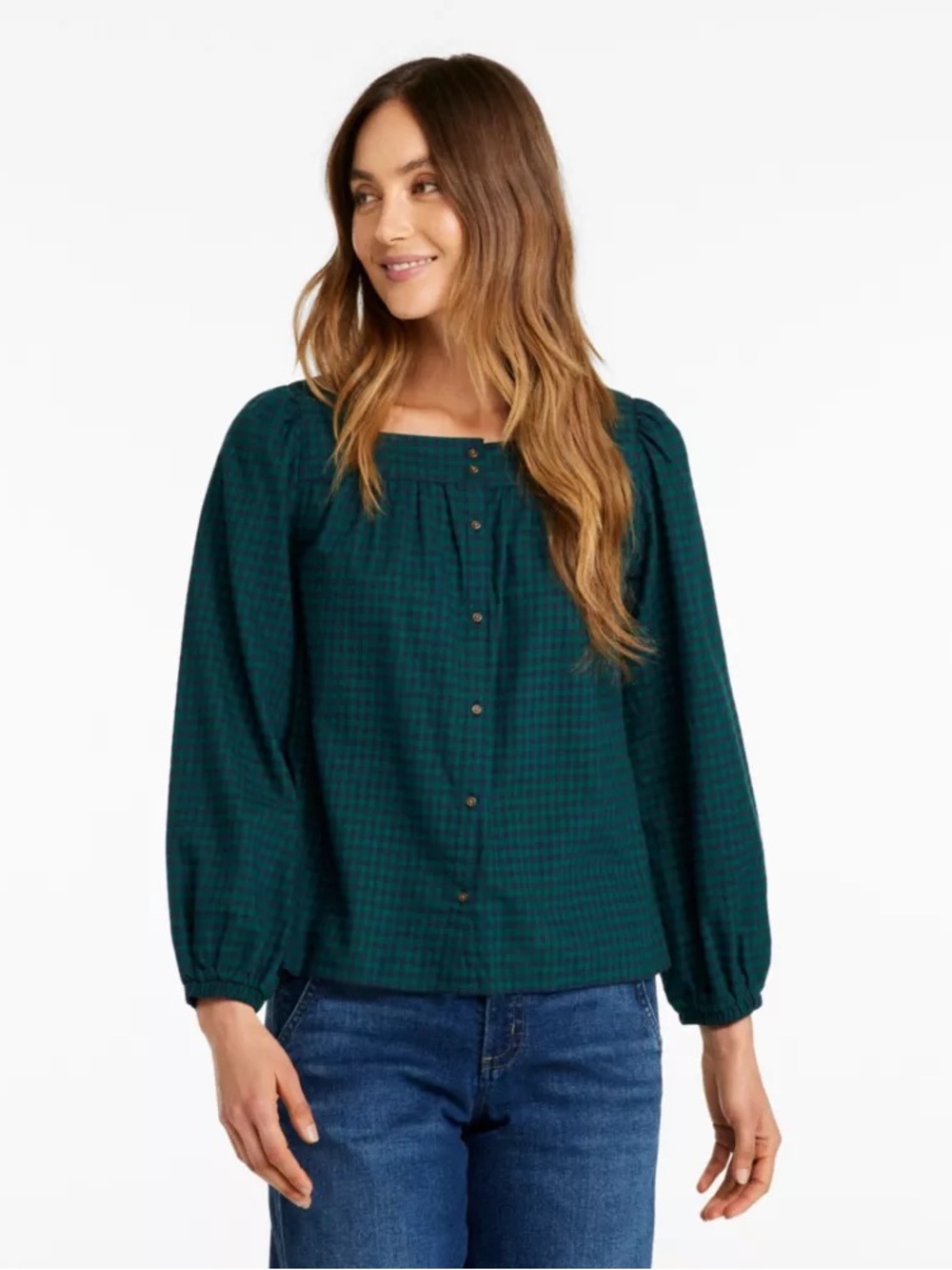LL Bean Whisperweight Flannel Squareneck Green Plaid Soft 100% Cotton Top - S